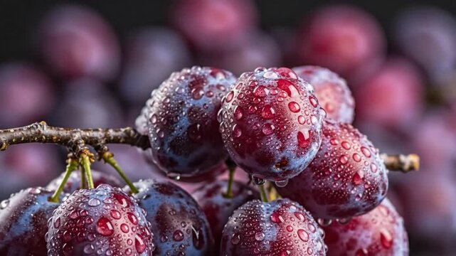 Close-up of ripe plums with water droplets on the vine against a blurred background