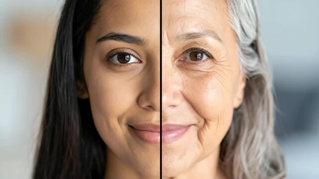 Split face portrait showing young woman contrasted with an elderly woman, representing aging