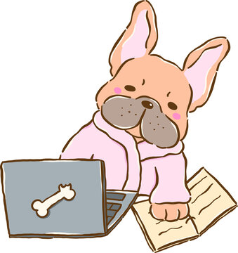 Sleepy French Bulldog Work From Home o Laptop Cartoon Hand Drawn