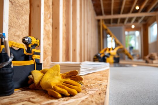Detailed View of Basement Finishing Process with Tools and Exposed Framing