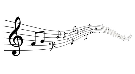 Dynamic black and white illustration of a flowing musical staff adorned with various notes and clefs, capturing the essence of rhythm, melody, and harmony in motion