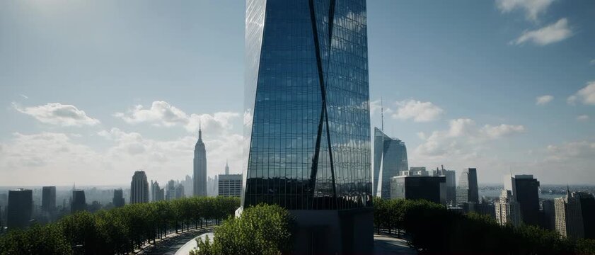 Ultrawide 4K Drone Orbit Around Tall Glass Skyscraper with Urban City Skyline