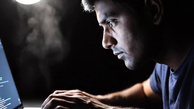 Focused Young Man Deeply Engaged in Intensive Digital Work on Laptop in Dark Room, Amidst Glowing Screen and Atmospheric Vapor