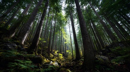 Obraz premium Whispering Woods: Majestic towering trees with vibrant foliage reach for the sky, creating a canopy of dappled light, inviting viewers into an immersive woodland experience.