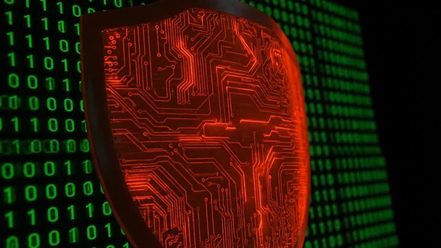 Abstract shield icon overlayed on binary code representing digital security