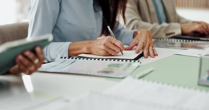 Woman, documents and business people with notebook in meeting for financial report, portfolio and planning. Corporate, team and person writing for investment strategy, statistics and finance agenda