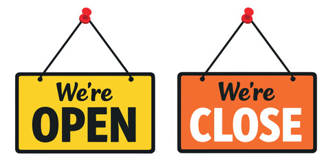 Simple open close signs set featuring 'we're open' and 'we're close' messages for shop status updates