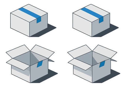 Isometric line art cardboard box set featuring closed and open boxes with blue tape for logistics and delivery concepts