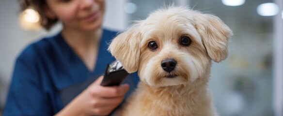 Pet groomer using clippers to trim dog's fur in a grooming salon.