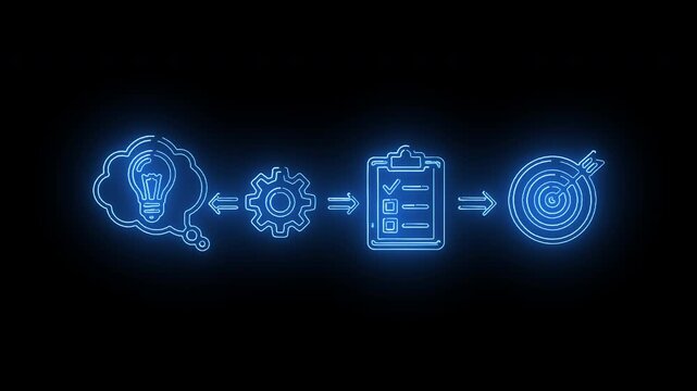 Glowing blue icons depicting a workflow process on a black background with a neon effect.