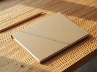 Eco-Friendly Recycled Paper Notebook Mockup on Bamboo Wooden Desk Background