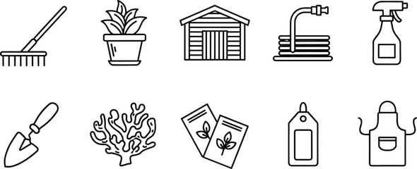 Gardening tools and equipment line icons set with rake shovel hose plants shed vector illustration © V Stock