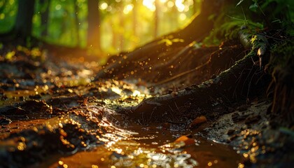 FlyPro Firefly capture of an eroded soil bank revealing layers of sediment and exposed tree roots, slick with viscous mud and glistening droplets.
