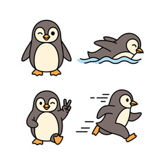 Fototapeta premium Cartoon penguin set showing different poses and actions in a playful style