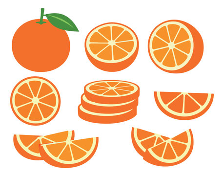 Graphic orange fruit set featuring whole, half, slices, and wedges for food and drink concepts
