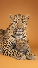 Naklejka premium Leopard mother with cub resting on warm studio backdrop, intimate wildlife portrait for conservation storytelling and education, calm protective mood for Mothers Day themes