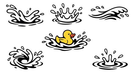 Fototapeta premium Hand drawn line art water splash and rubber duck set featuring various liquid effects and a yellow toy for playful summer or bath time designs