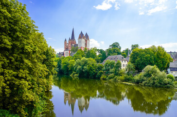 Fototapeta premium View of Limburg Cathedral and the surrounding landscape in Limburg an der Lahn. Limburger Dom. 