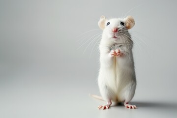A small white mouse stands on its hind legs with its front paws together. It looks directly forward as if curious about its surroundings in a plain background