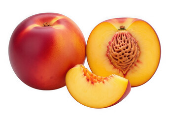 Fresh sliced peaches with one whole peach isolated on transparent background