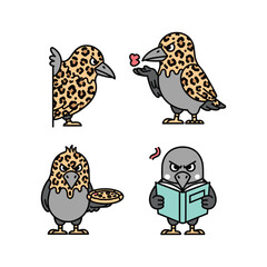 Cartoon birds with leopard print heads in various humorous poses and activities