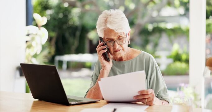 Phone call, paperwork or old woman in home for finance, pension or insurance application with laptop. Tech, talk and elderly person with document for retirement annuity, 401k or discussion at patio