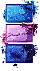 Stacked eyeshadow palettes, vibrant blues and pinks