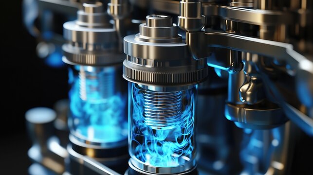 3D technical cutaway render of a diesel engine running on clean biodiesel, transparent engine block revealing pistons, combustion chambers with blue clean flame, fuel injection system