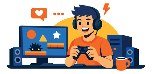 Fototapeta na wymiar Modern vector illustration of a happy young gamer depicting playing video games for online entertainment