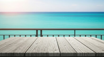 Fototapeta premium Serene ocean view from a weathered wooden deck with metal railing