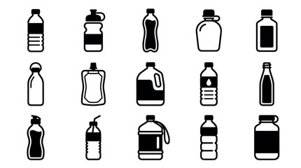 Collection of black and white bottle icons showing various types of containers for water and other beverages in a simple, minimalist and modern graphic vector illustration set