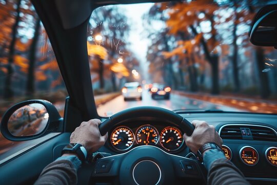 A person drives a car on a rainy day. The view shows trees with orange leaves and other cars moving in the same direction. Water drops are on the windshield