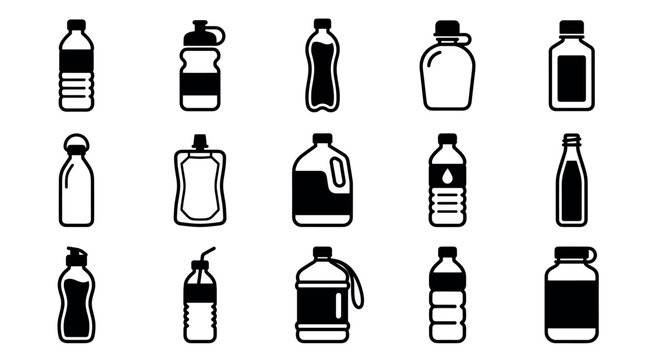Collection of black and white bottle icons showing various types of containers for water and other beverages in a simple, minimalist and modern graphic vector illustration set