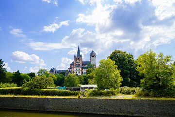 View of Limburg Cathedral and the surrounding landscape in Limburg an der Lahn. Limburger Dom.
