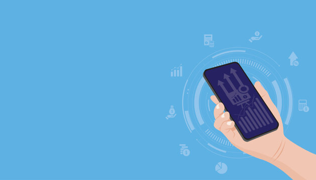 Hand holding phone with financial graph interface, digital business monitoring, analytics dashboard and data visualization.