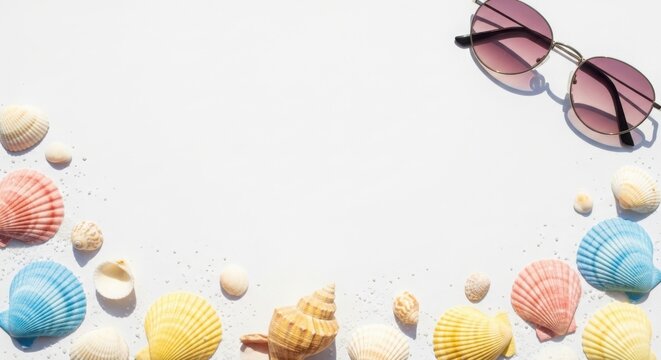 A pair of sunglasses and colorful seashells on a white background