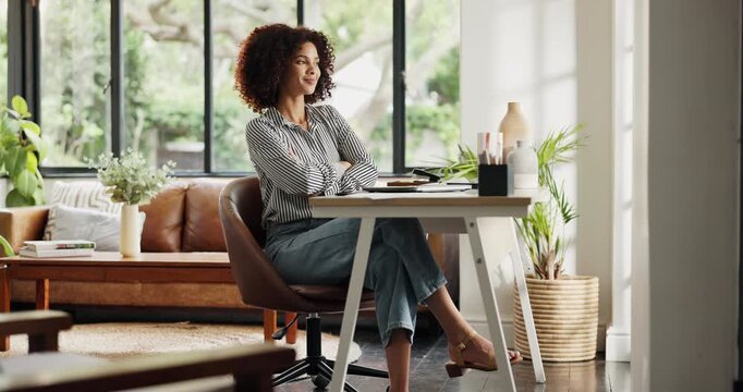 Remote work from home, laptop and woman with arms crossed, finished tasks and achievement. Apartment, person and freelancer in lounge, pc and completed project for magazine submission, relax or pride