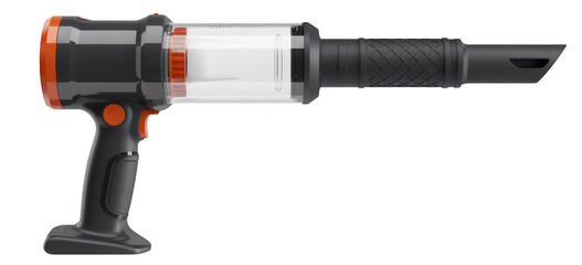  and orange handheld vacuum cleaner with clear container and long nozzle from side isolated on a transparent background