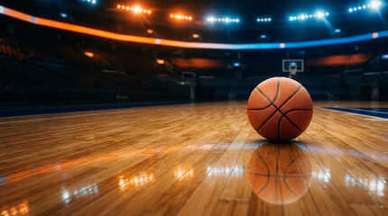 Close-Up of a Basketball Alone on an Empty Court with Dramatic Lighting Effects