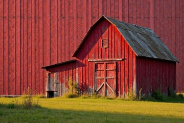 Naklejka premium Rustic Charm A weathered red barn stands proudly against a larger red structure, bathed in the golden light of sunset, showcasing the beauty of rural architecture.