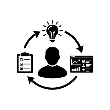 Creative thinking cycle with light bulb idea generation and data reporting workflow for professional project management icon