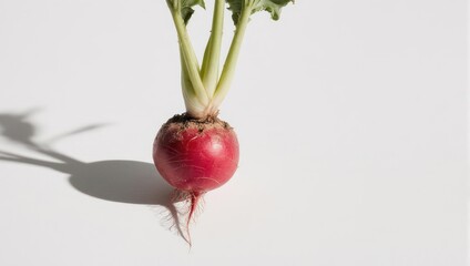 Vibrant Red Radish with Fresh Green Leaves on White Background.