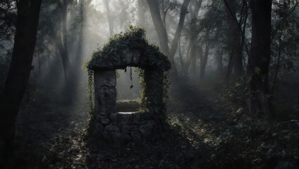 Mysterious Stone Structure in a Dark Forest with Sunbeams.