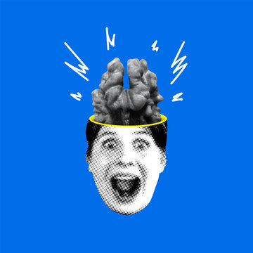 Idea, brainstorm concept. Modern collage with nut shaped brain in a woman's head. Creative thinking. Scientific discoveries. Emotion of surprise. Mind and mental health. Insight and innovation