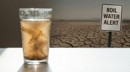 Glass of Contaminated Water with Desert Background and Boil Water Alert Sign