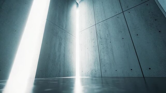 Futuristic bunker architecture featuring minimalist design elements with strong vertical light beams reflecting on a wet, textured floor, creating a sense of depth and mystery
