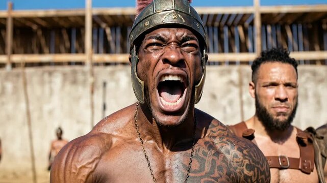 Victorious gladiator roars triumphantly inside crowded arena raising arm high as fellow warriors and spectators witness explosive celebration of strength and conquest