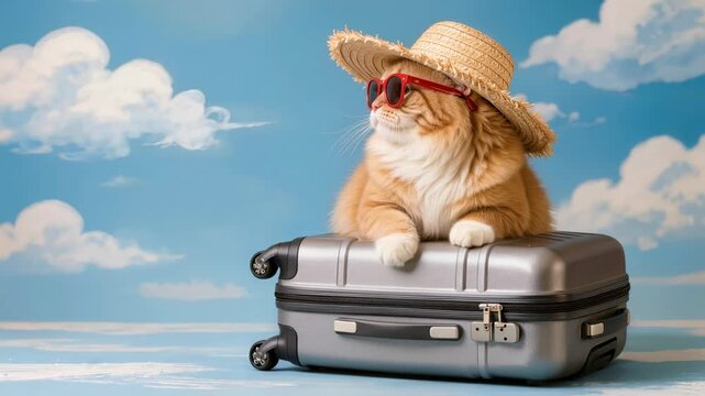 Fluffy ginger cat in straw hat and red sunglasses sits on silver suitcase with sky and clouds backdrop. Anthropomorphic scene expresses humorous summer travel and holiday adventure mood.