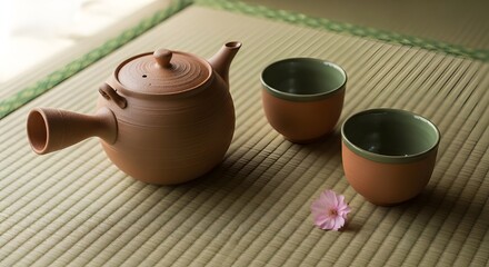 Traditional Japanese Tea Set with Clay Teapot and Cups on a Tatami Mat, Featuring a Delicate Pink Cherry Blossom