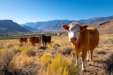 Free Range Livestock Feeding in Open Desert Landscape with Mountains in Background